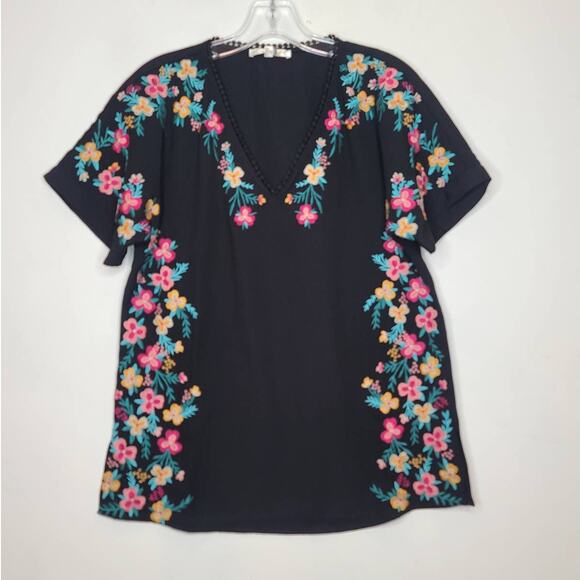 NWT Andre by Unit black floral embroidery short sleeve shirt - small - Picture 1 of 5